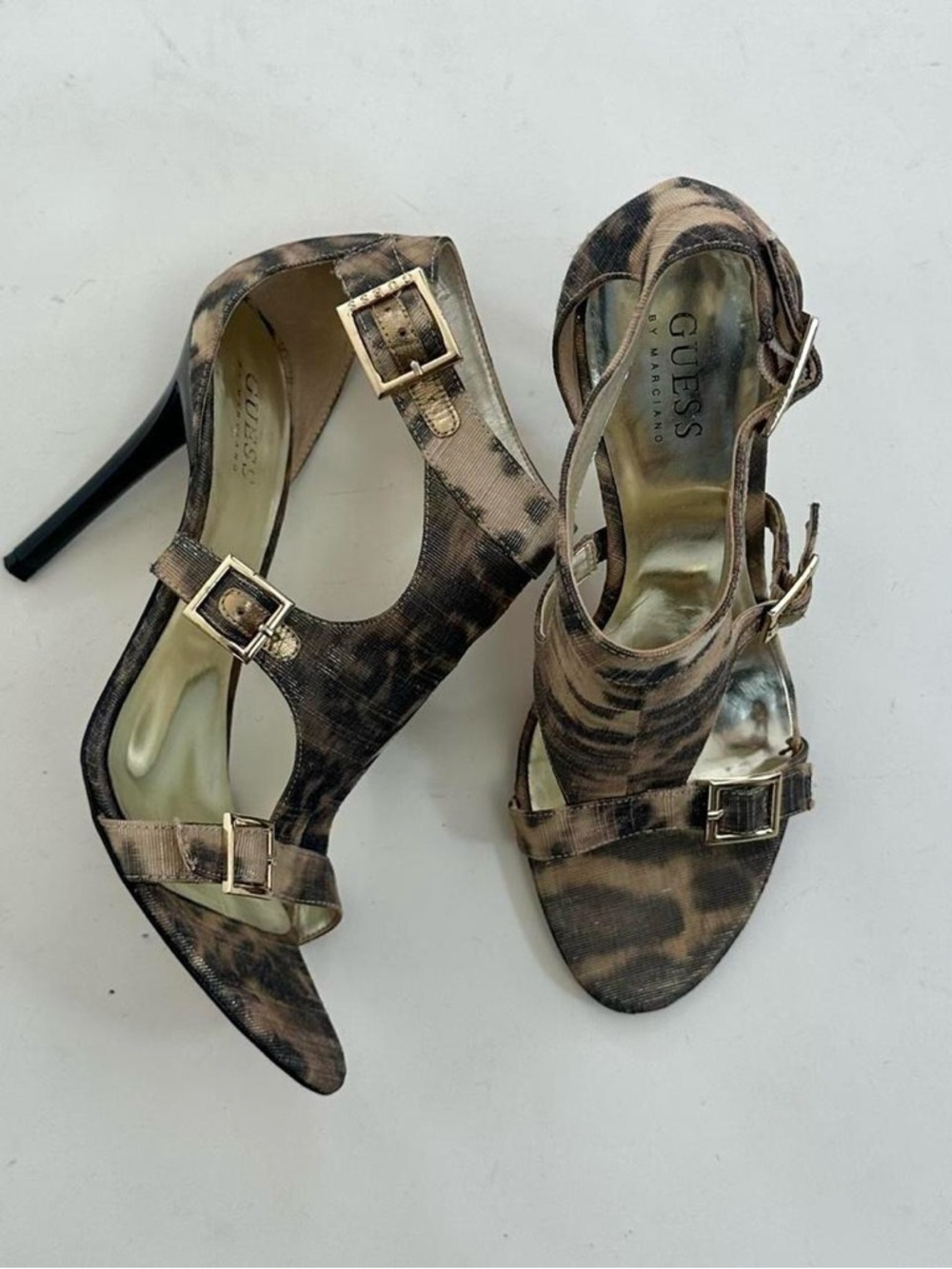 GUESS Y2k Brown Leopard Print Buckle Heel Sandals
